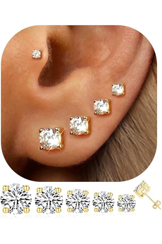 5 Pairs 14K Gold Plated Stud Earrings for Women