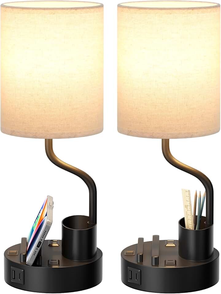Bedside Table Lamps for Bedroom Set of 2 - Nightstand Light with AC Outlet and USB A & C for Charging