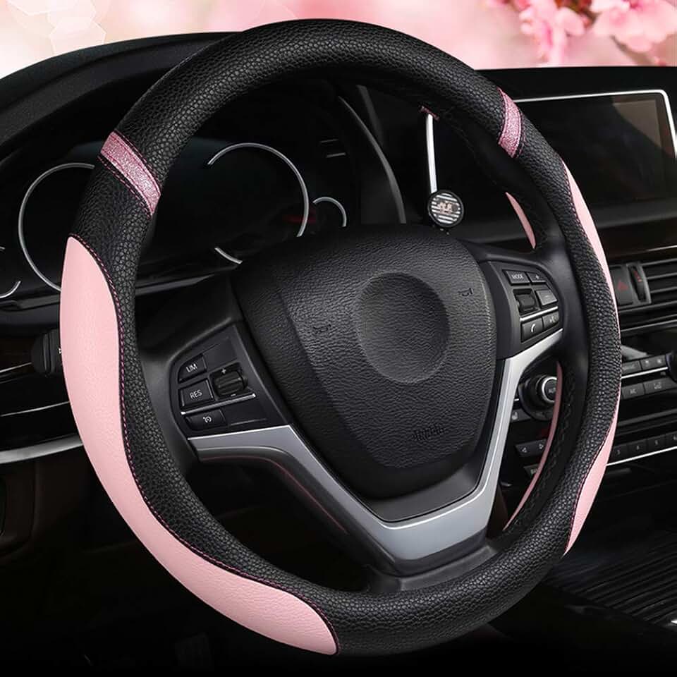 Cxtiy Steering Wheel Cover for Women Leather Universal Steering Wheel Covers for Car 15 inch (Pink)