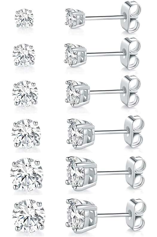 18K White Gold Plated 4 Pong Round Clear Cubic Zirconia Stud Earring Pack of 6 Pairs (6 Pairs)