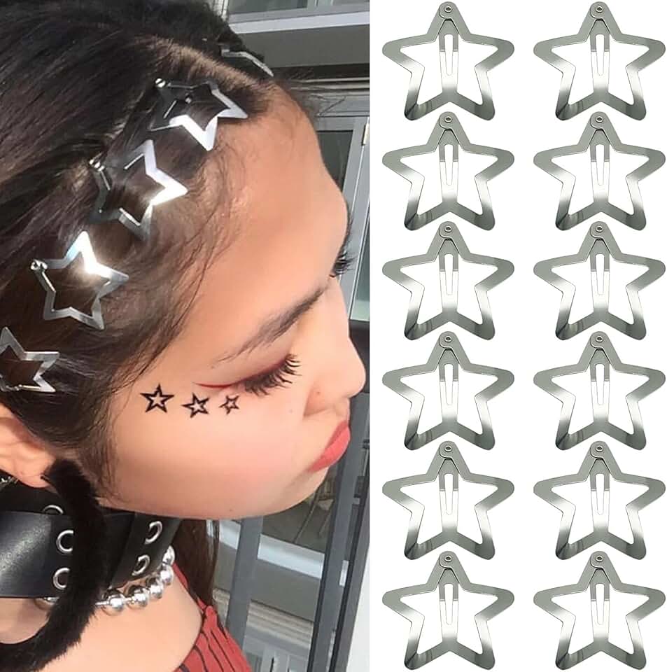 12 PCS 1.61" Star Hair Clips Snap Hair Barrettes Non Slip Star Hair Accessories Women 2000s Y2K Silver Metal Hair Clips