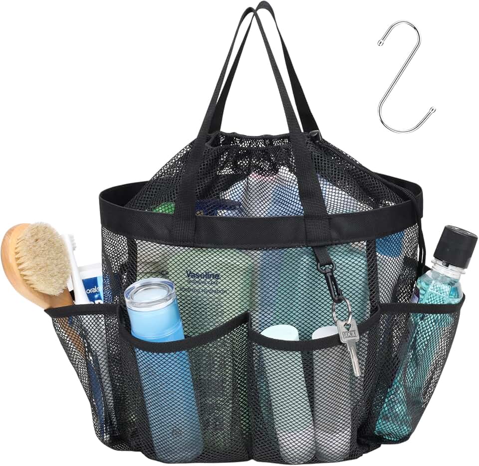 F-color Mesh Shower Caddy Portable with Drawstring - Upgrade Deeper 7 Pockets Dorm Room Essentials for Guys Girls with S Hook