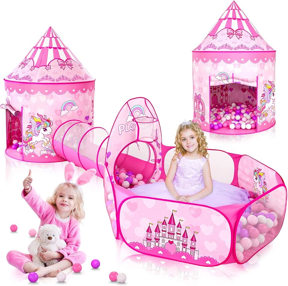 3PC Princess Tent for Girls with Kids Ball Pit and Crawl Tunnel for Toddlers