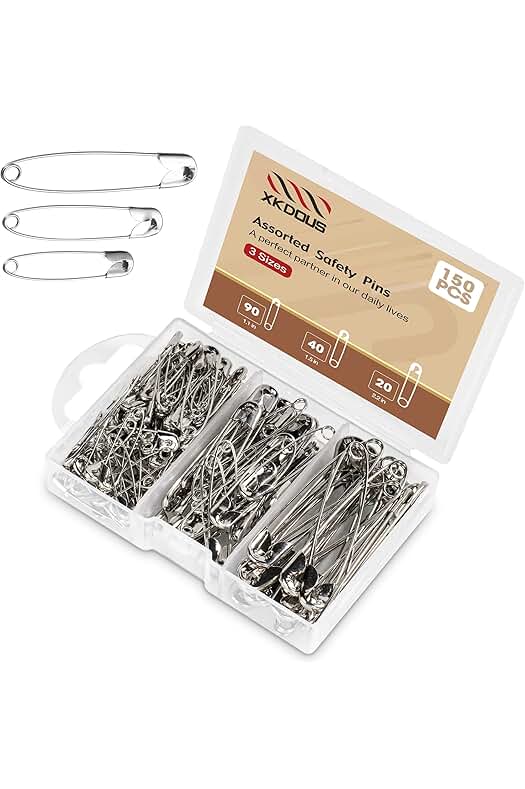 XKDOUS Safety Pins - 150 Pcs Assorted Sizes Silver Pins Bulk - Small & Large Heavy Duty for Clothes